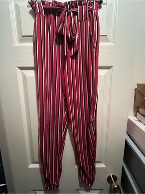 Full Circle Trends Women’s Red/Black/White Striped Jogger Pants w/ Tie & Ruffle